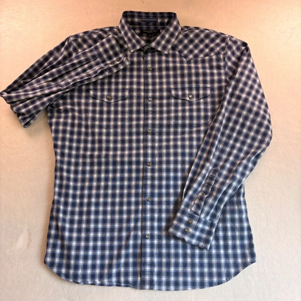 Banana Republic Mens Slim Fit Western Plaid Snap Button Shirt Blue Large 130992